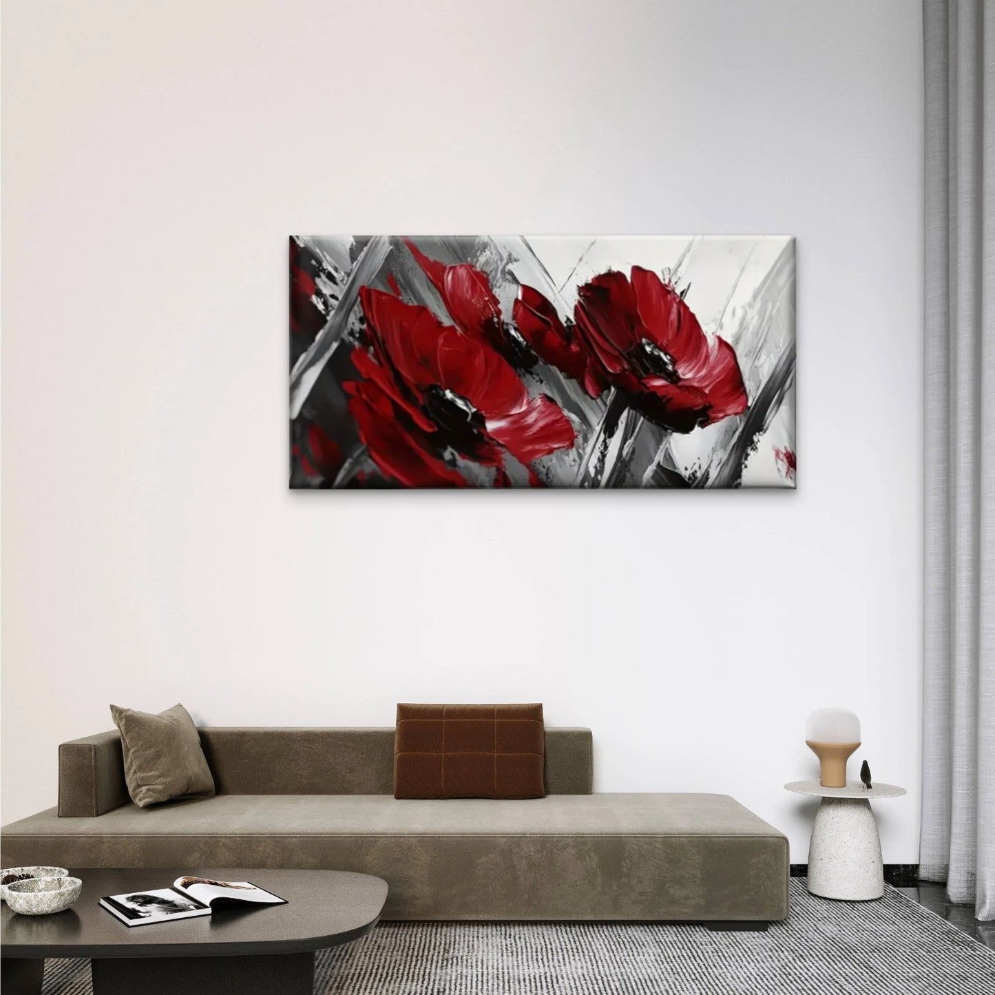 Red Flowers White Abstract Wall Art Canvas Office Home Room Framed 120x60cm