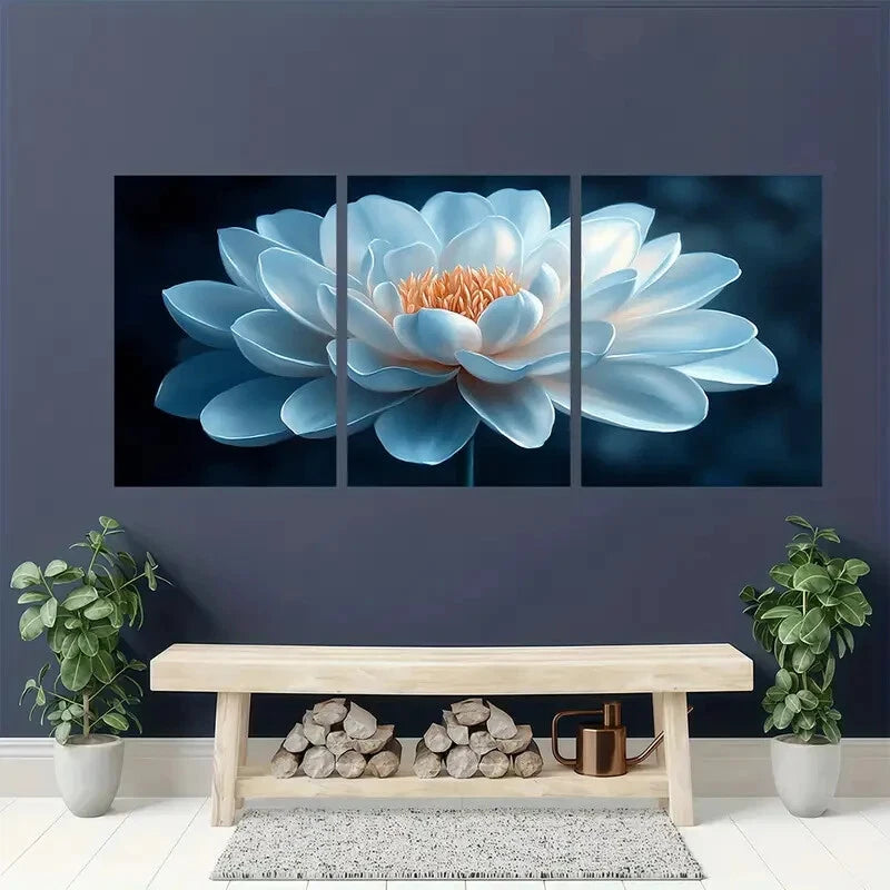 3pcs Elegant White Flower Blue & Golden Design Metal Print Ready to Hang Art - Bella Home Decor