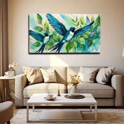 Vibrant Blue Hummingbird Style Wall Art Canvas Office Home Room Framed 120x60cm