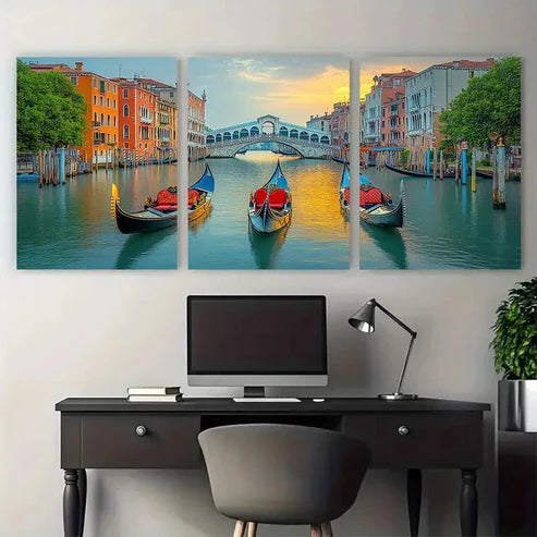 3pcs Gondola Boat And Bridge Rialto Perfect Wall Art Set Canvas Unframed - High Quality Print 100% Australian Made Wall Canvas - Bella Home Decor