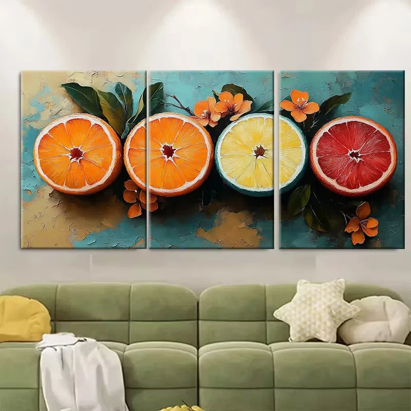3pcs Vibrant Orange Teal Fruit Metal Print Ready to Hang Art