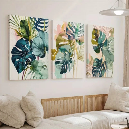 3pcs Watercolor Green Palm Leaf Design Wall Art Set Canvas Framed 40x60cm – High Quality Print 100% Australian Made Wall Canvas Ready to Hang