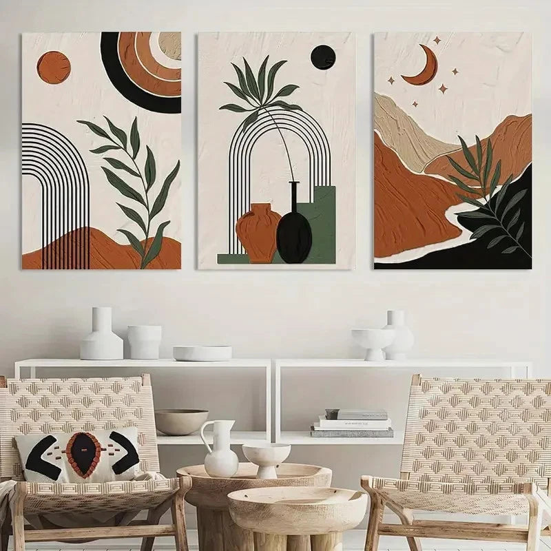 3pcs Boho Abstract Geometric Art Set Metal Print Ready to Hang Art - Bella Home Decor