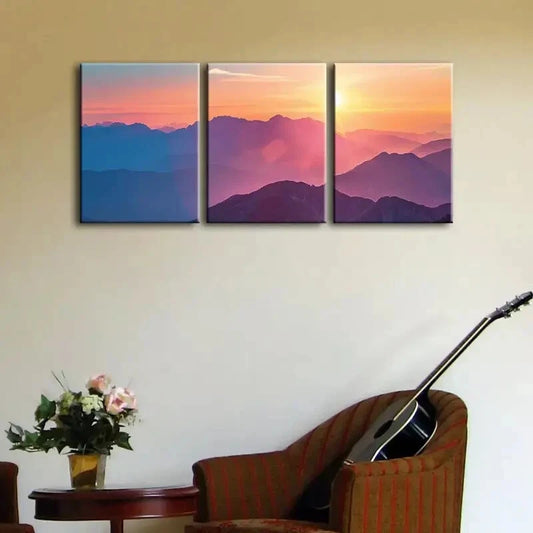 3pcs sunset mountain range, Metal Print Ready to Hang Art