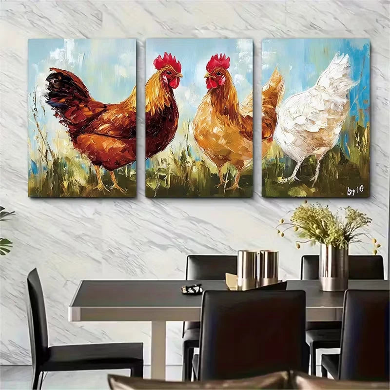 3pcs Farm Animals Oil Painting Metal Print Ready to Hang Art