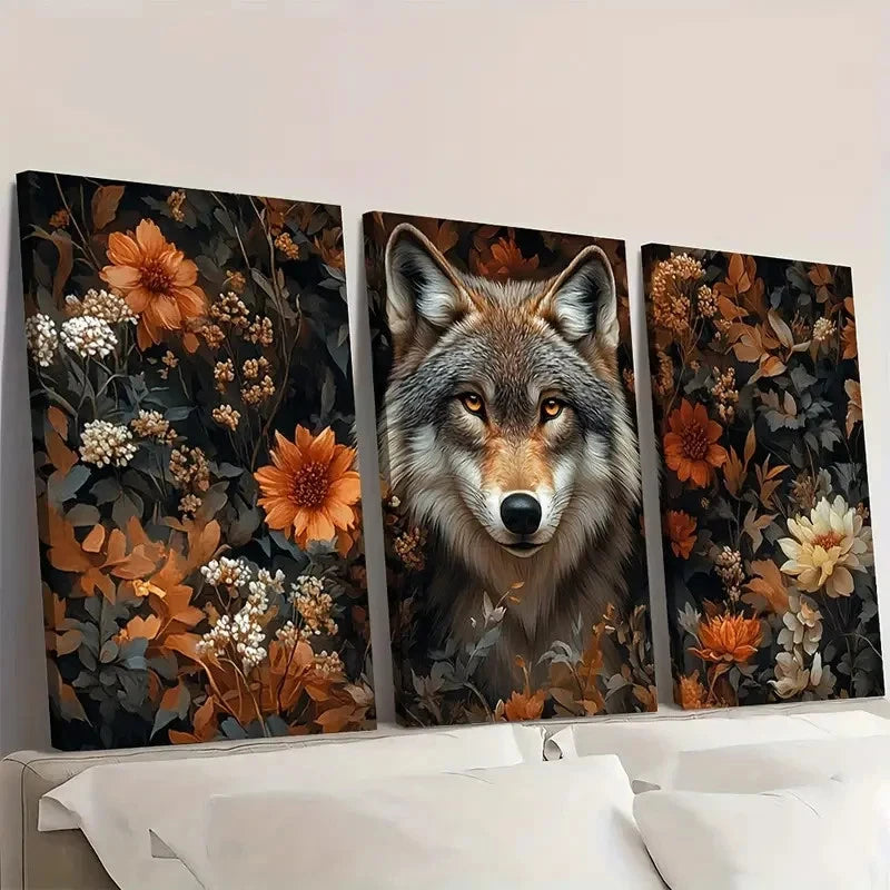 3pcs Wolf and Floral Canvas Art I  Wall Art Set Canvas Framed 40x60cm - High Quality Print 100% Australian Made Wall Canvas Ready to Hang