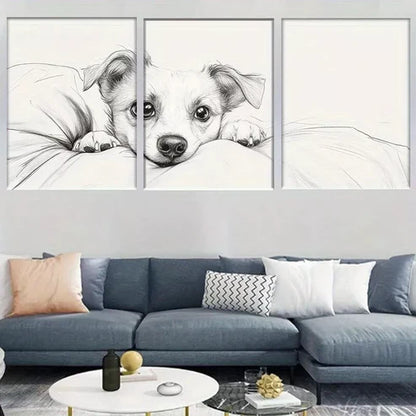 3pcs Adorable Puppy Black and White Sketch Wall Art Canvas Unframed - High Quality Print 100% Australian Made Wall Canvas - Bella Home Decor