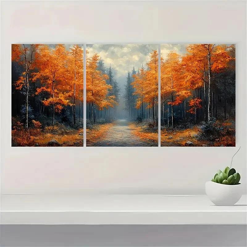 3pcs Abstract Autumn Forest Landscape Path Prints Metal Print Ready to Hang Art - Bella Home Decor