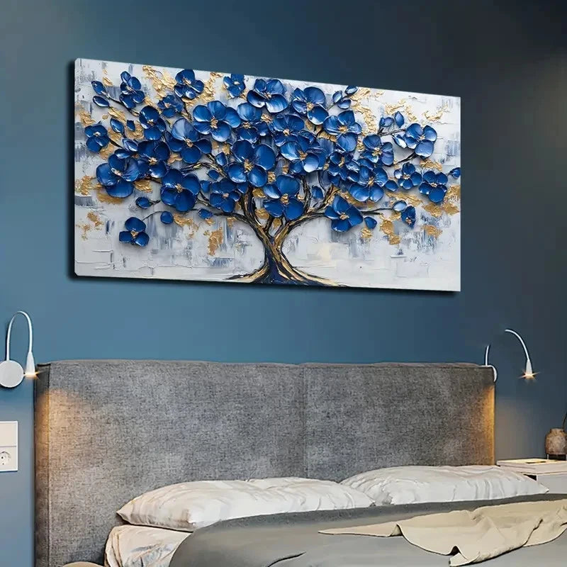 Blue and Golden Tree Design Wall Art canvas office home room framed 120x60cm - Bella Home Decor