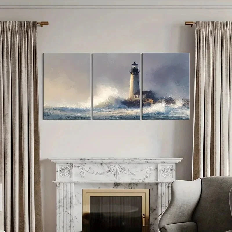3pcs Lighthouse Coastal Scene Ocean Waves Metal Print Ready to Hang Art - Bella Home Decor