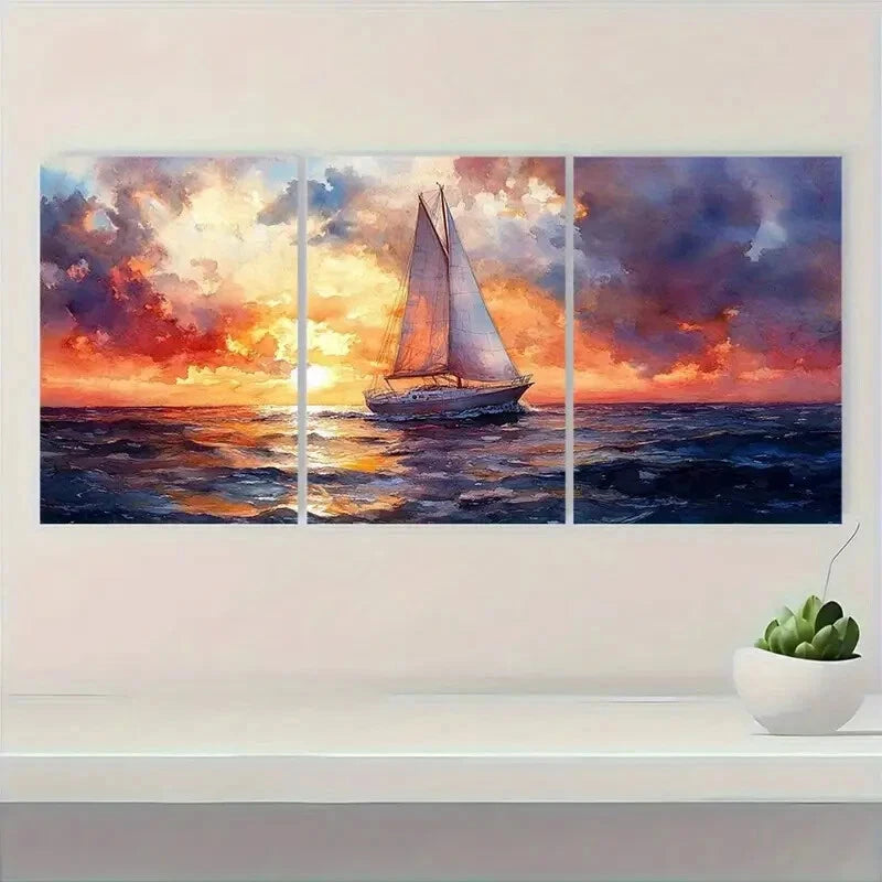 3pcs Nautical Sailboat Watercolor Seascape Metal Print Ready to Hang Art