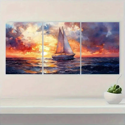 3pcs Nautical Sailboat Watercolor Seascape Metal Print Ready to Hang Art