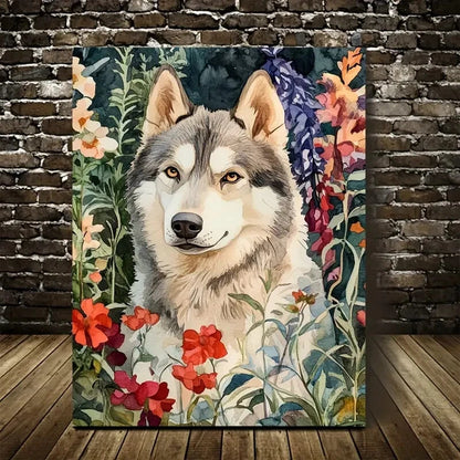 Flowers And Plants Cute Alaskan Malamute Dog 40x60cm Metal Print Ready to Hang