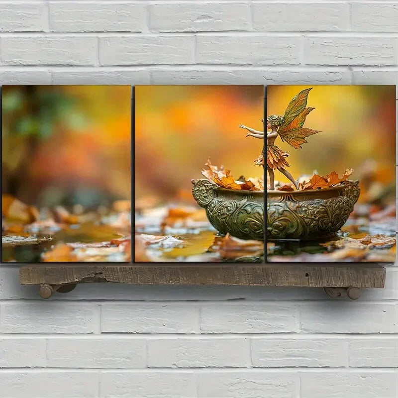 3pcs The Leaf Girl Dancing Golden Themed Metal Print Ready to Hang Art - Bella Home Decor