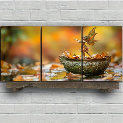 3pcs The Leaf Girl Dancing Golden Themed Metal Print Ready to Hang Art - Bella Home Decor