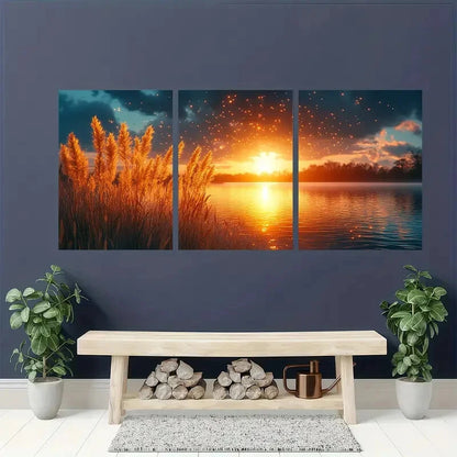 3pcs Golden Sunset Teal Sky & Silhouetted Grass Metal Print Ready to Hang Art - Bella Home Decor