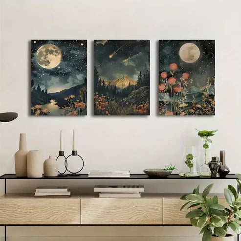 3pcs Moon & Wildflowers Mountain Art Set Canvas Unframed - High Quality Print 100% Australian Made Wall Canvas