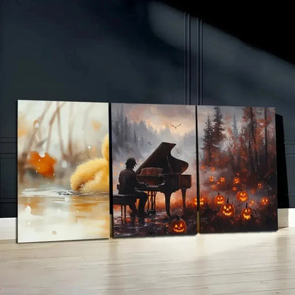 3pcs Set of three Spooky Ghoul Playing Piano Canvas Framed 50x70cm - High Quality Print 100% Australian Made Wall Canvas Ready to Hang