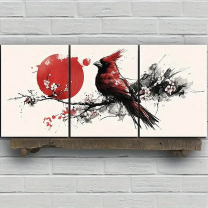 3pcs Birds on Plum Blossom Branches Red Moon Metal Print Ready to Hang Art - Bella Home Decor