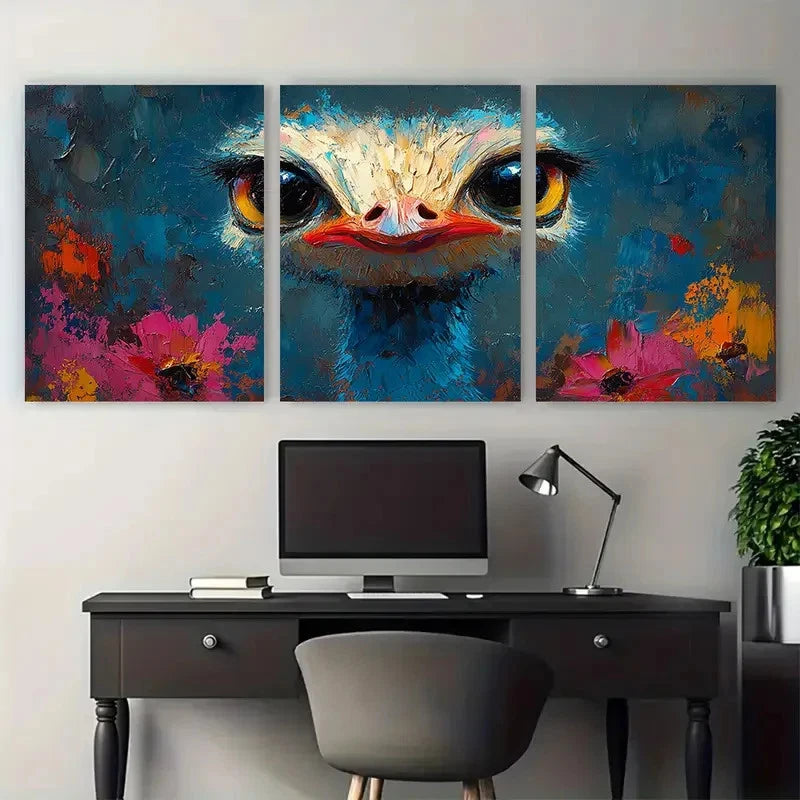 3pcs Vibrant Ostrich Bird Portrait with Bold Color Metal Print Ready to Hang Art - Bella Home Decor