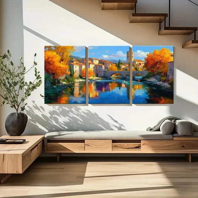 3pcs Autumn Village Reflection River Landscape Metal Print Ready to Hang Art - Bella Home Decor