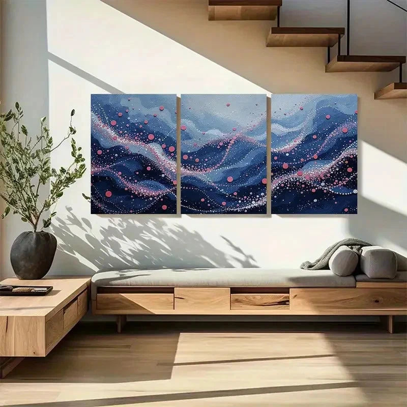 3pcs Modern Blue & Pink Flowing Dots Metal Print Ready to Hang Art