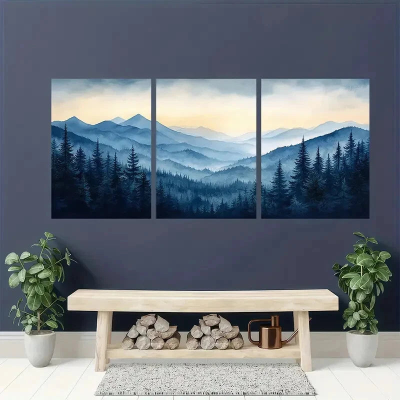 3pcs Painting Smoky Mountains Landscape Metal Print Ready to Hang Art - Bella Home Decor