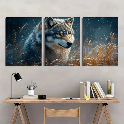 3pcs Shaped Animal Theme Wolf Snow Wall Art Set Canvas Framed 40x60cm - High Quality Print 100% Australian Made Wall Canvas Ready to Hang