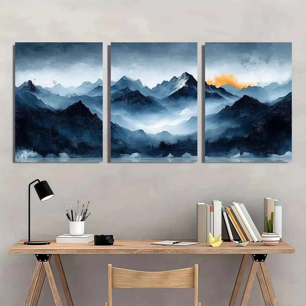 3pcs Abstract Painting Mountain Sunset Metal Print Ready to Hang Art - Bella Home Decor