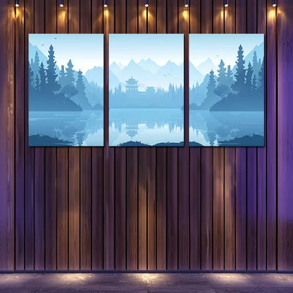 3pcs Serene Mountain Lake Scenery with Snow Peak Wall Art Set Canvas Framed 60x90cm - High Quality Print 100% Australian Made Wall Canvas Ready to Hang