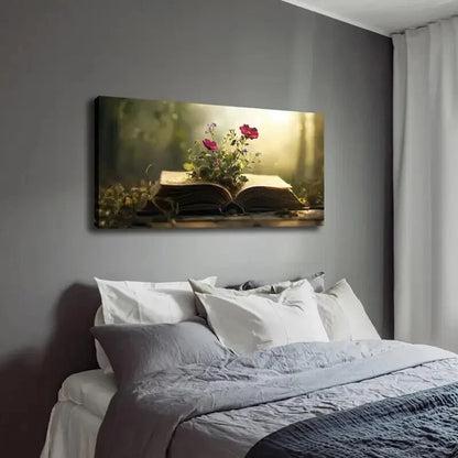 Vibrant Flowers & Open Book Wall Art Canvas Office Home Room Framed 120x60cm - Bella Home Decor