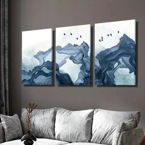 3pcs Soft Blue Smoke Waves and Birds Wall Art Canvas Unframed - High Quality Print 100% Australian Made Wall Canvas