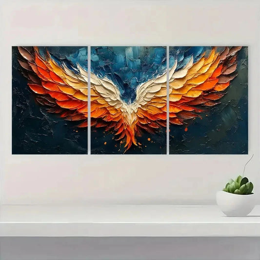 3pcs Wings Vibrant Blue, Orange & White Feathe Wall Art Set Canvas Framed 50x70cm - High Quality Print 100% Australian Made Wall Canvas Ready to Hang