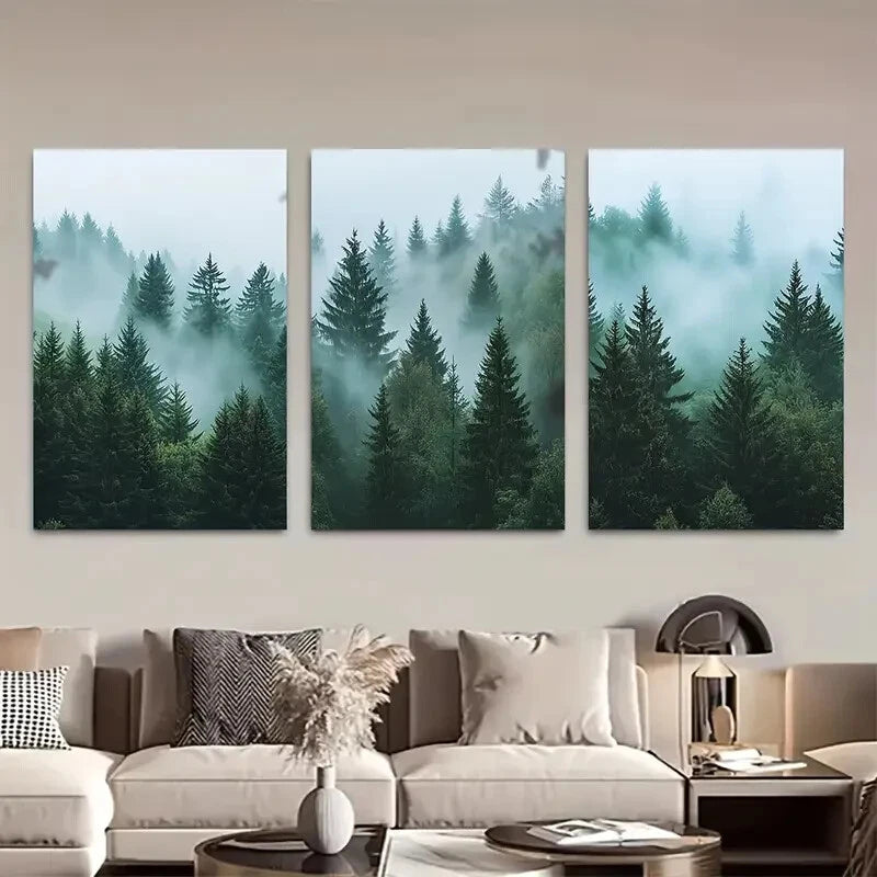 3pcs Foggy Mountains Misty Pine Scenic Forest Metal Print Ready to Hang Art - Bella Home Decor