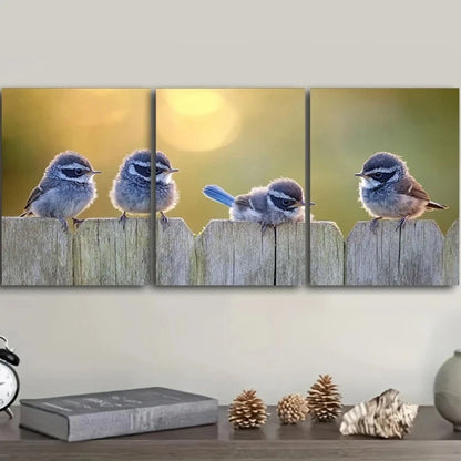 3pcs Baby Blue Wren Birds Golden Bubbles Metal Print Ready to Hang Art