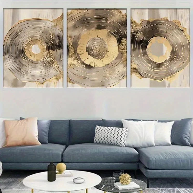 3pcs Abstract Design of Golden And Silver Circles Metal Print Ready to Hang Art - Bella Home Decor