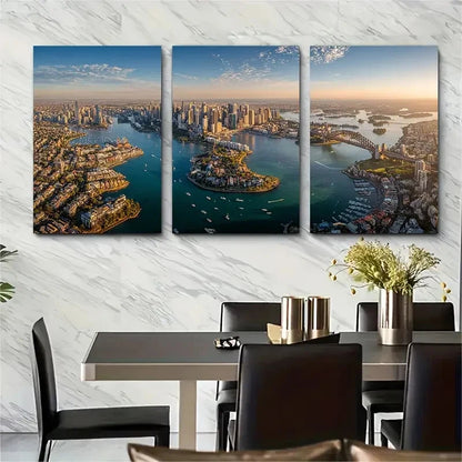 3pcs Aerial Sydney Skyline Harbour View Wall Art Set Canvas Framed 40x60cm - High Quality Print 100% Australian Made Wall Canvas Ready to Hang - Bella Home Decor