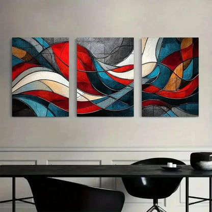 3pcs Abstract Red White and Blue Flowing Shapes Metal Print Ready to Hang Art - Bella Home Decor