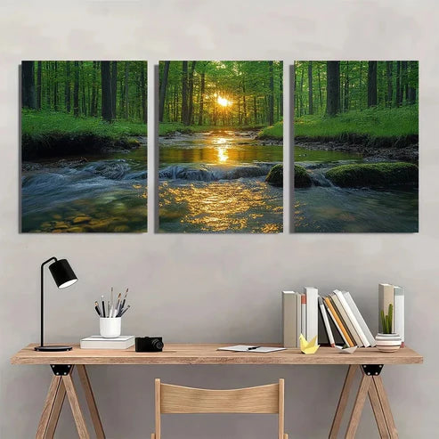 3pcs Serene Forest Sunlit Green Trees River Wall Art Set – Wall Art Canvas Unframed - High Quality Print 100% Australian Made Wall Canvas