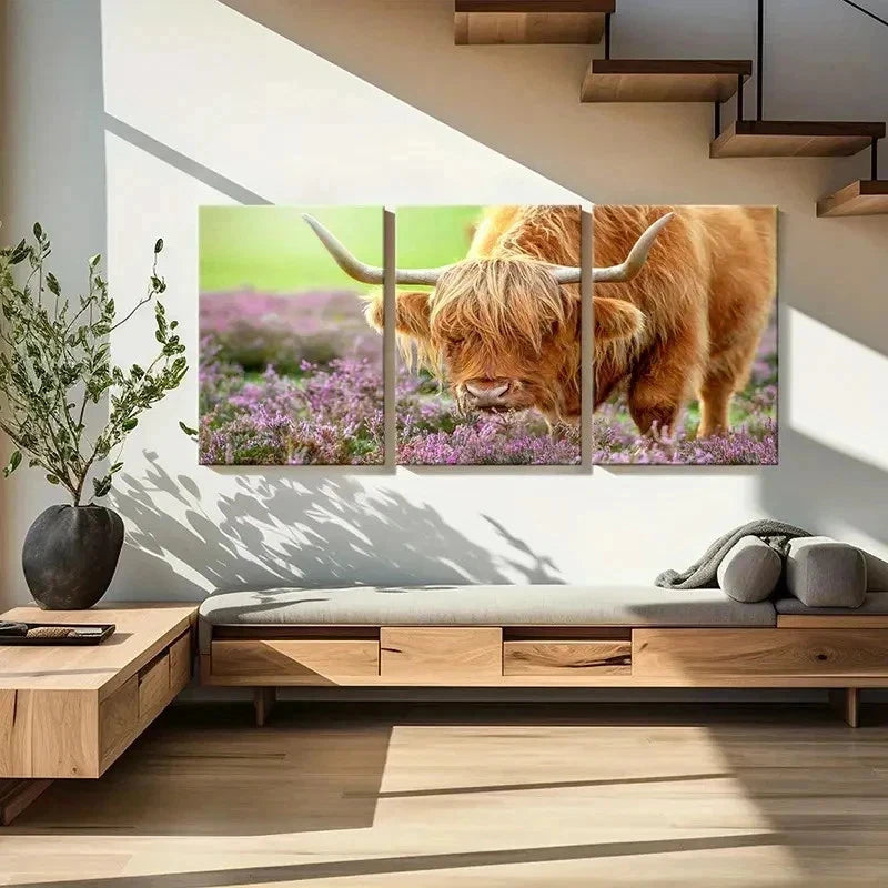 3pcs Highland Cattle & Purple Wild Flowers Wall Art Set Canvas Framed 60x90cm - High Quality Print 100% Australian Made Wall Canvas Ready to Hang - Bella Home Decor