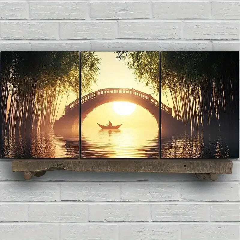 3pcs The Boatman Under the Stone Arch Bridge Metal Print Ready to Hang Art