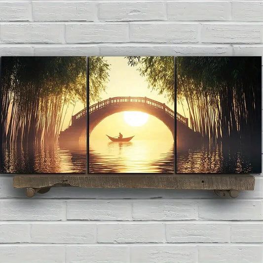 3pcs The Boatman Under the Stone Arch Bridge Metal Print Ready to Hang Art