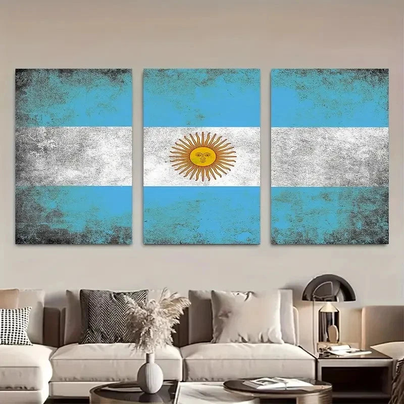 3pcs Grunge Effect of The Argentina Flag Metal Print Ready to Hang Art