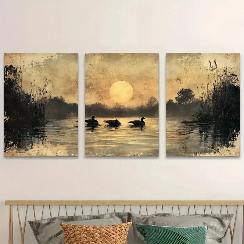 3pcs Pond Antique Classic Nature Décor Perfect Wall Art Set Canvas Framed 60x90cm - High Quality Print 100% Australian Made Wall Canvas Ready to Hang - Bella Home Decor