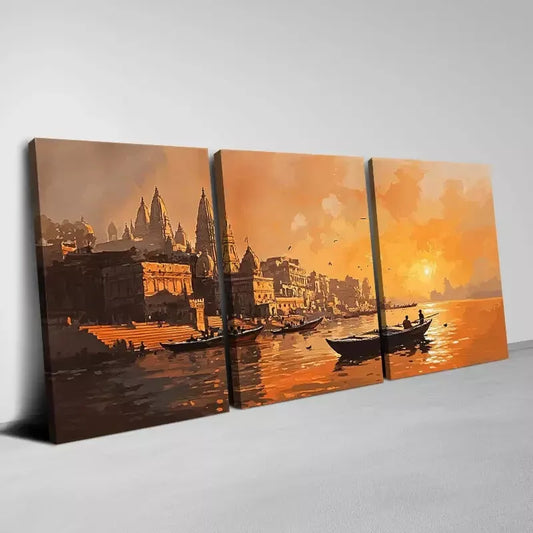 3pcs Charming Sunset And Harbor Boats View Art Set Canvas Framed 50x70cm - High Quality Print 100% Australian Made Wall Canvas Ready to Hang
