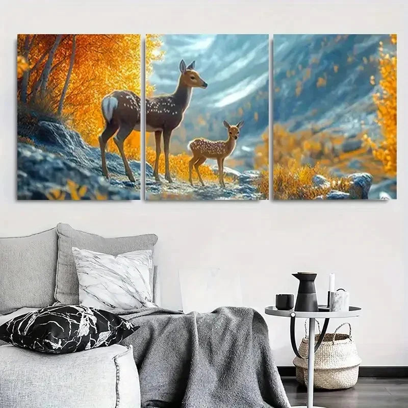 3pcs Deer Family in Autumn Forest Metal Print Ready to Hang Art - Bella Home Decor