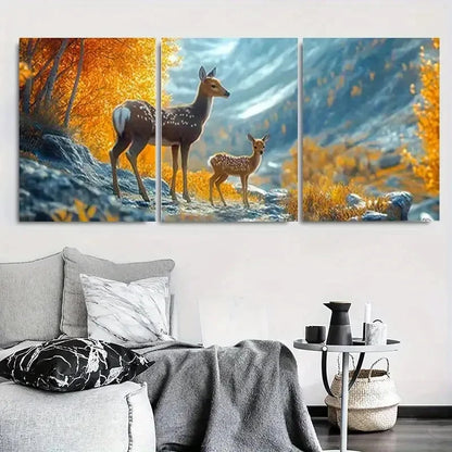 3pcs Deer Family in Autumn Forest Metal Print Ready to Hang Art - Bella Home Decor