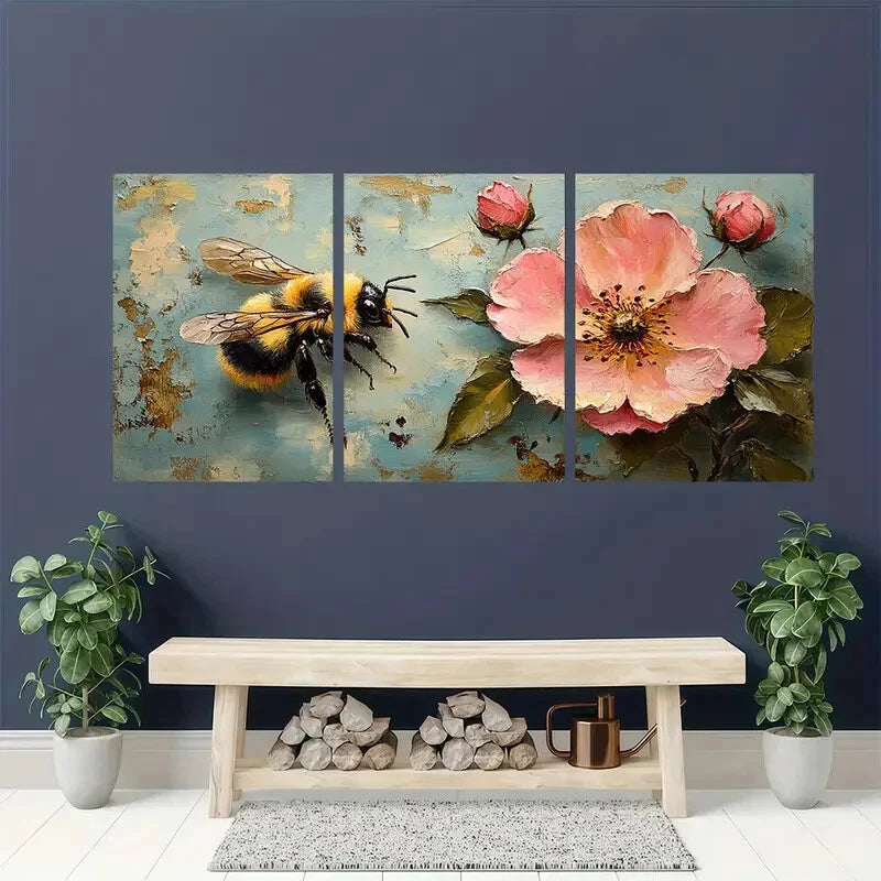 3pcs Vibrant Bee and Pink Rose Floral Art Set Metal Print Ready to Hang Art - Bella Home Decor