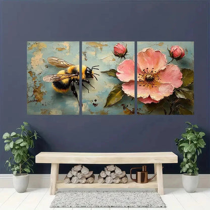 3pcs Vibrant Bee and Pink Rose Floral Art Set Metal Print Ready to Hang Art - Bella Home Decor