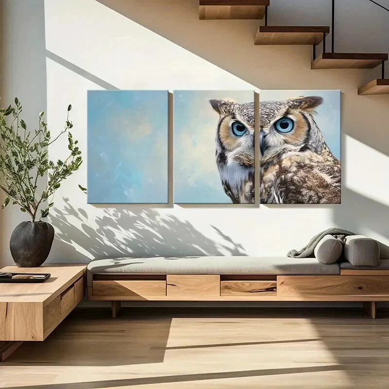 3pcs Artistic Owl Portrait Blue Eyes Detailed Metal Print Ready to Hang Art